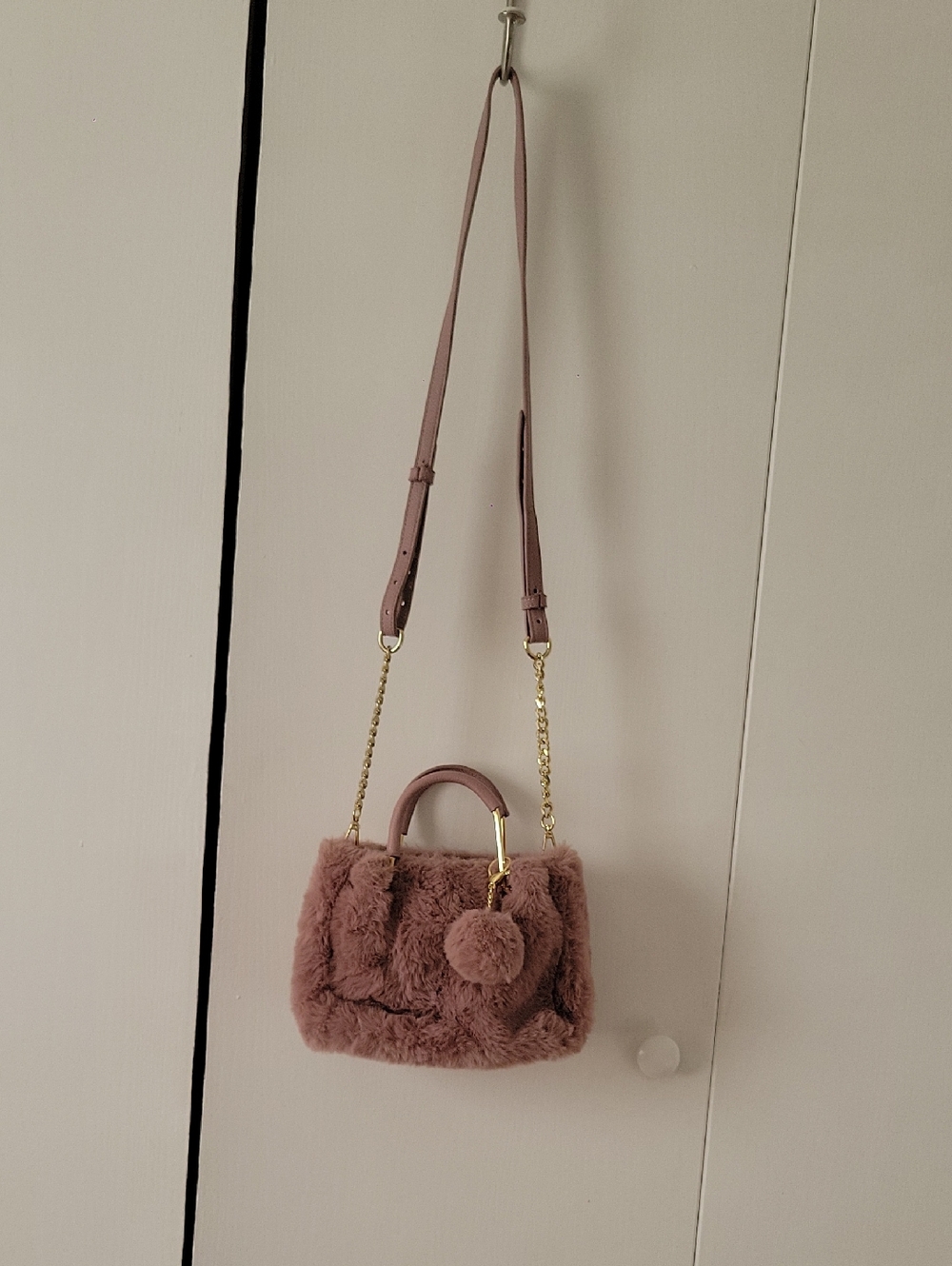 Isaac Mizrahi Dusty Rose Faux Fur Mini Tote with Chain Strap